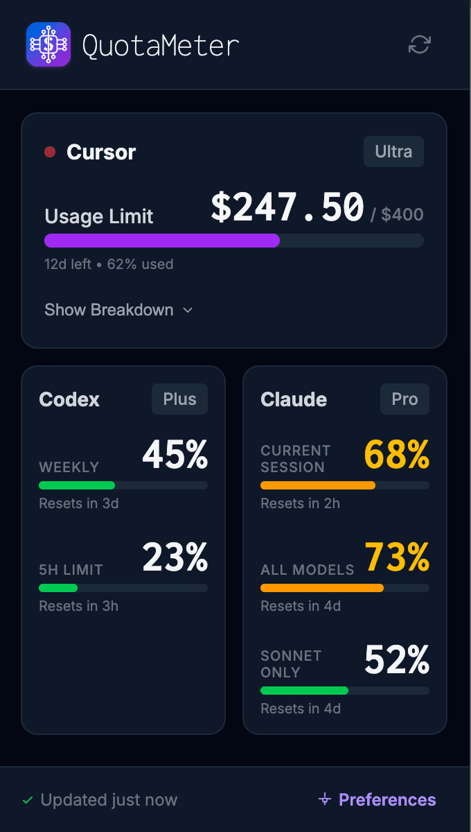 QuotaMeter dashboard showing Cursor, Claude, Codex, Copilot, and Gemini usage tracking